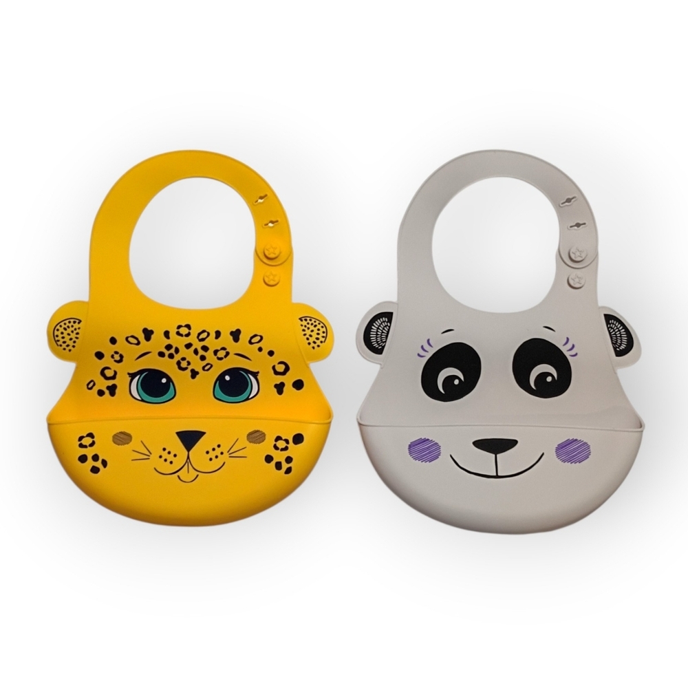 Walabi Leopard Panda Animal Friends Baby Toddler Silicone Bibs Unisex 2 Bibs NEW